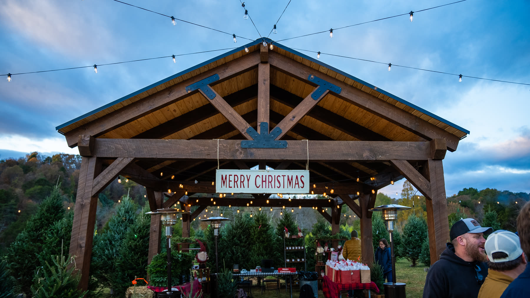 The farm pavilion under string lights at twilight